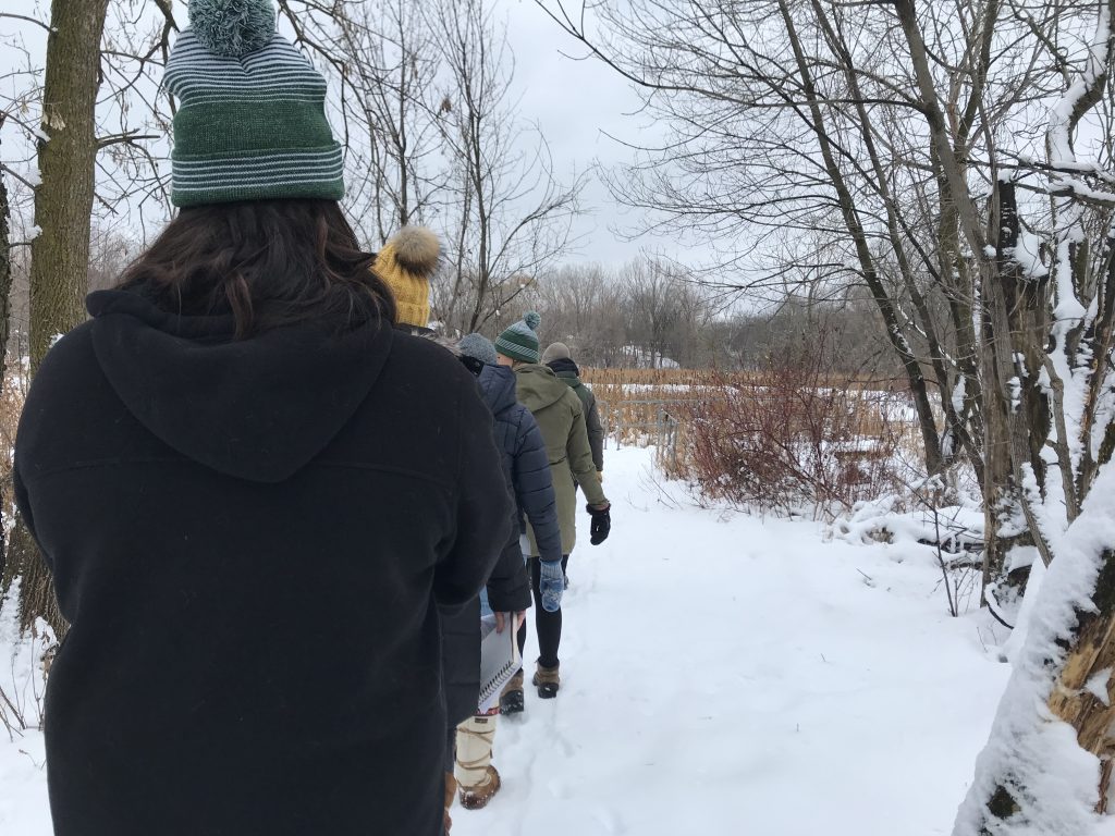 Dodge Nature Center Naturalist Fellows hike through Dodge's wintry woods, searching for animal tracks and signs.