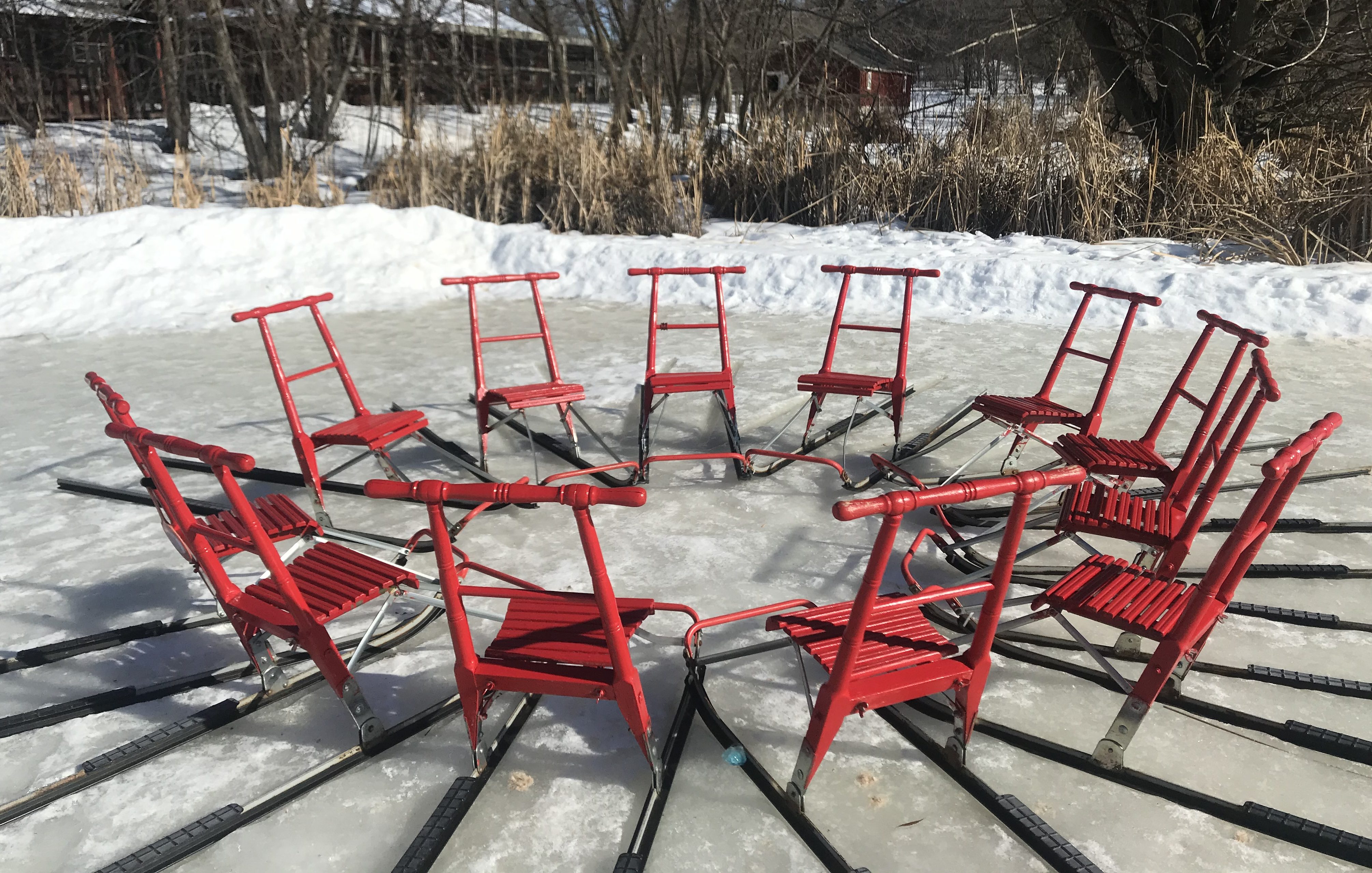 Child-sized kicksleds on Dodge Nature Center's Farm Pond.