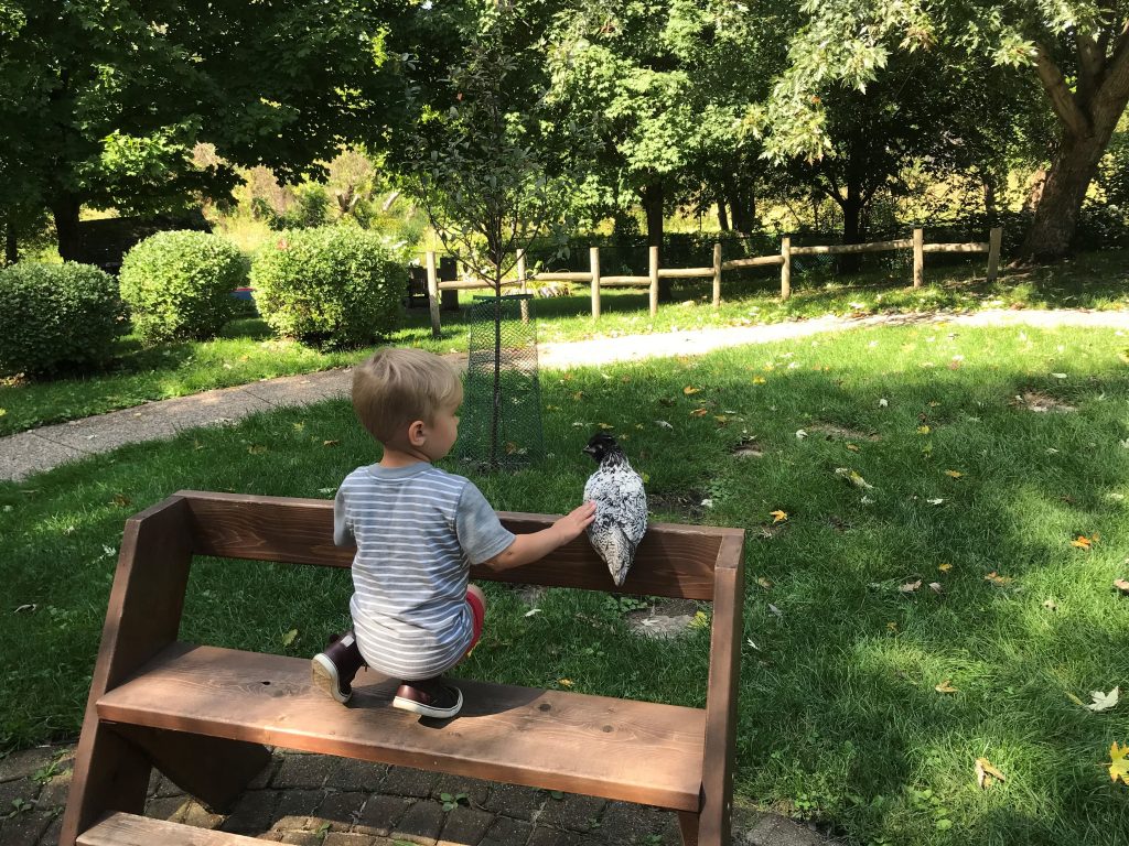 A Dodge Nature Center preschooler and Eddie sit together on a bench enjoying the outdoors.